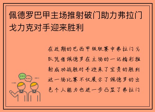 佩德罗巴甲主场推射破门助力弗拉门戈力克对手迎来胜利